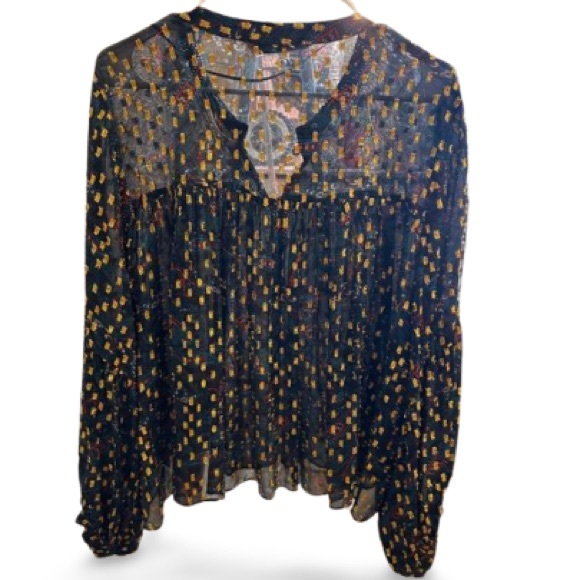ZARA sheer with metallic thread blue floral printed blouse. Size XL.Boho chic. - Picture 1 of 7